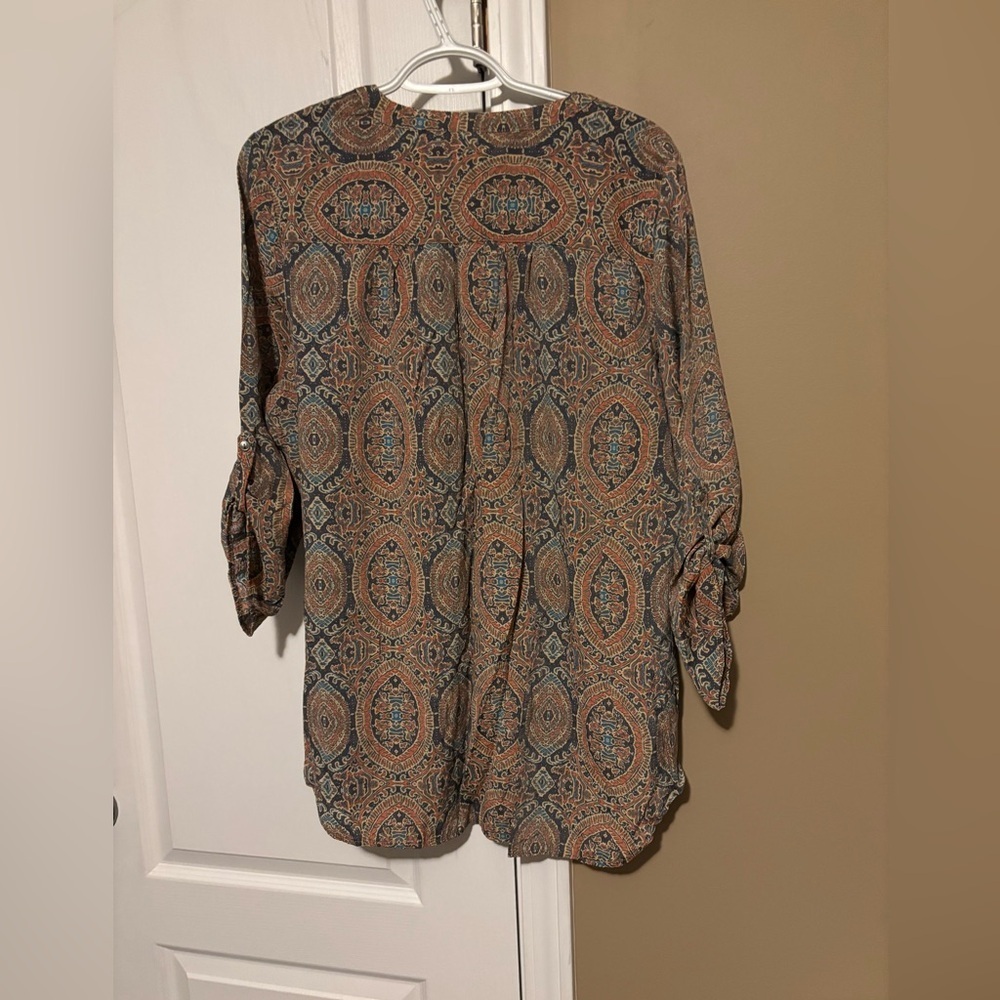 Kim Rogers Paisley Henley Tunic in Rust and Teal 3/4 sleeves Size L Bohemian - Picture 2 of 4